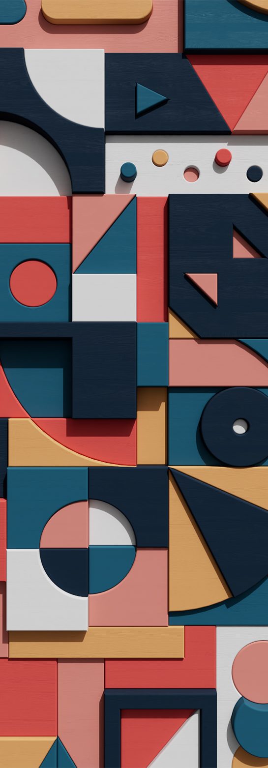 Relief of painted wooden geometric shapes in navy, coral and ochre
